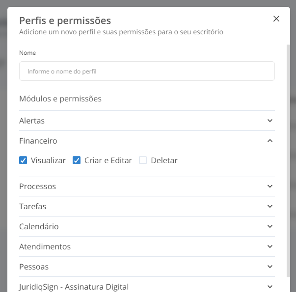 Criação de perfil e permissão