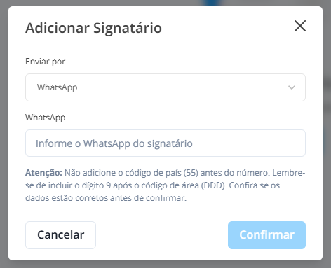 Adicionar signatário por WhatsApp