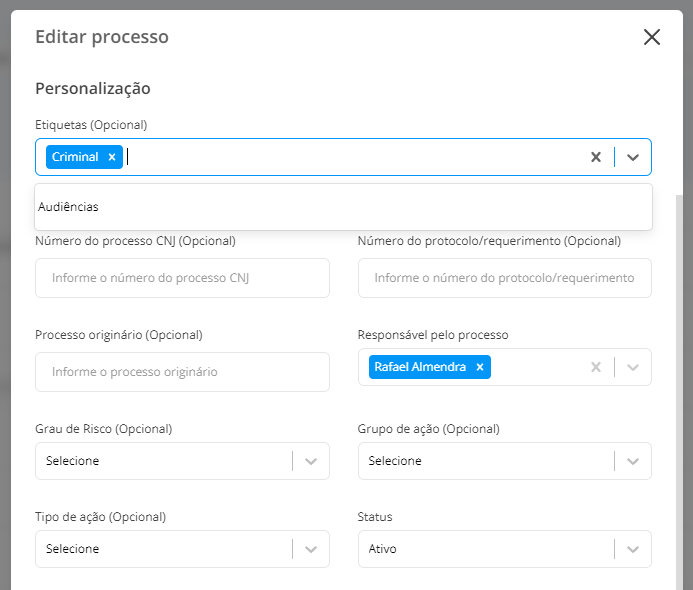 Vincular etiqueta a processo